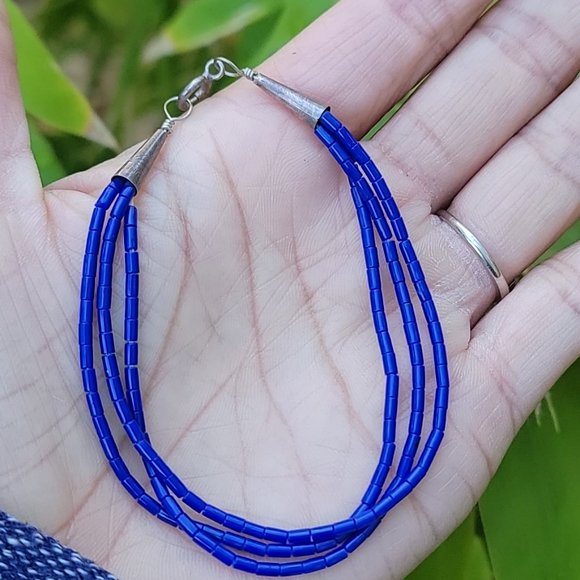 Native American handmade hand strung stabilized lapis lazuli three strand sterli - Picture 10 of 16